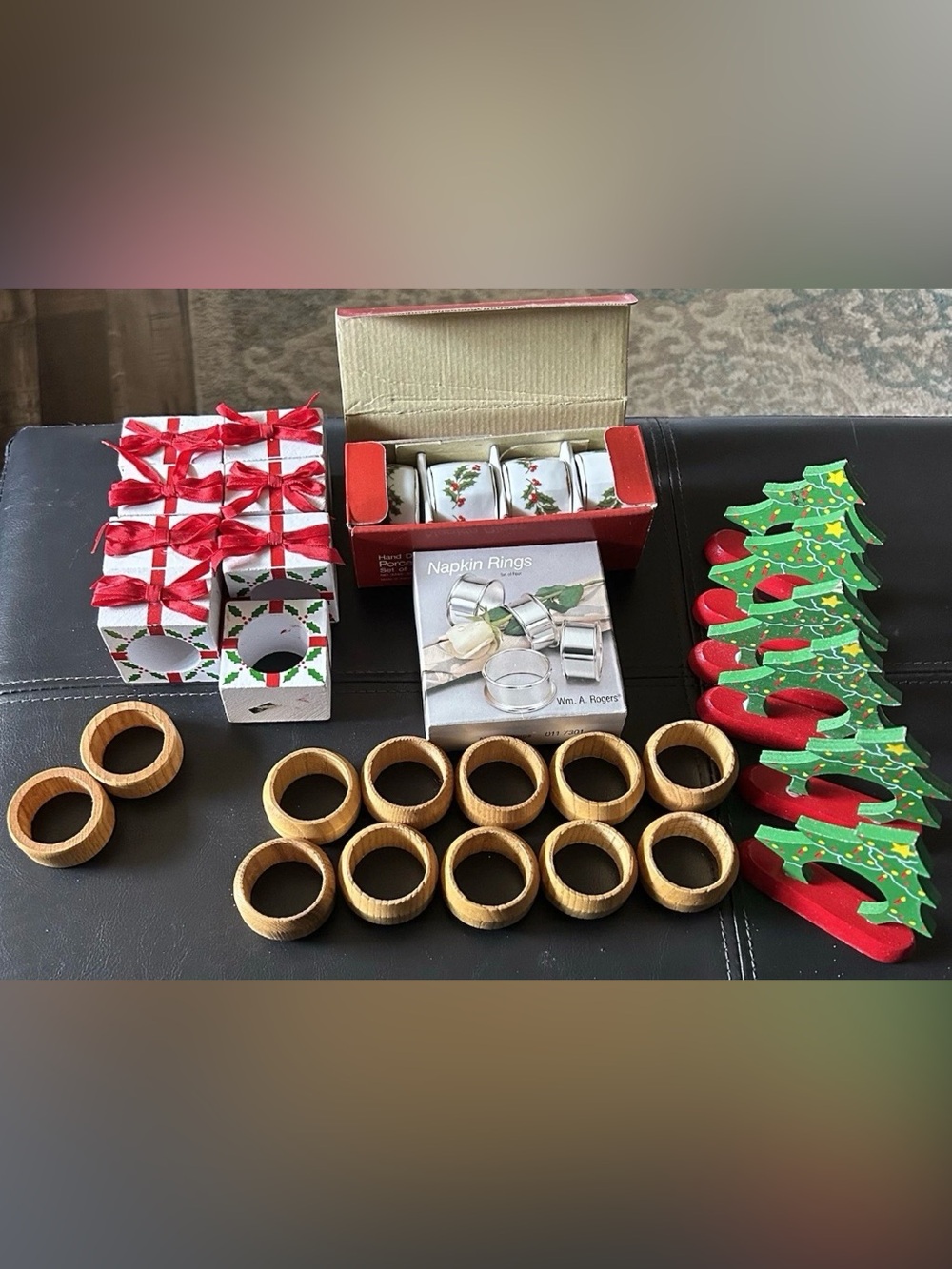 Variety of Holiday Napkin Rings and Holder Sets in Red, Green, and Natural Wood
